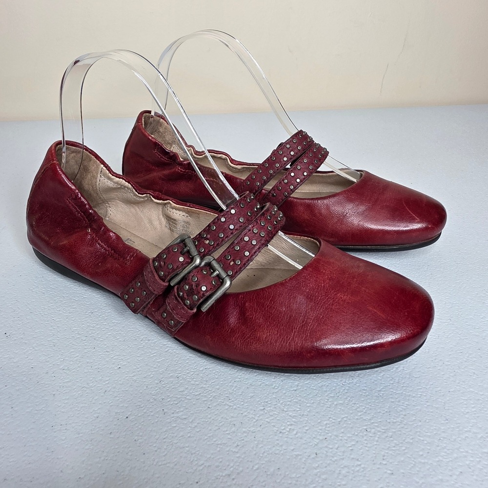 Miz Mooz Mary Jane Flats Women 38 Red Leather Studded Buckle Straps Elastic Heel
